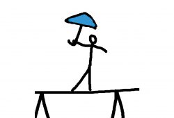 Ein gezeichnetes Stichmännchen balanciert auf einem Hochseil. In der rechten Hand hat es einen blauen Schirm.